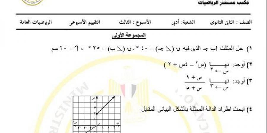 مراجعات نهائية.. أسئلة تقييم الأسبوع الثالث الرياضيات أدبي الصف الثاني الثانوي - نبض مصر