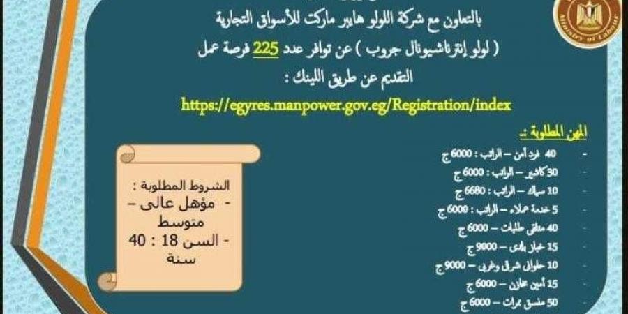 التقديم أونلاين ..وزارة العمل تعلن عن أول ڨائمة تضم 225 فًرصة عمل متوفرة في ”شركة أسواق تجارية” - نبض مصر