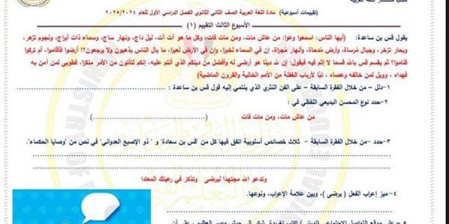 مراجعات نهائية.. أسئلة تقييم الأسبوع الثالث العربي الصف الثاني الثانوي - نبض مصر