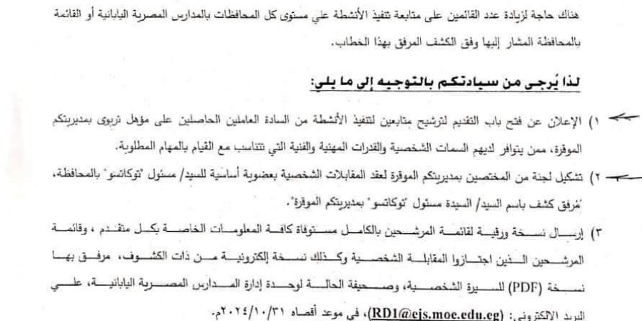 فتح باب ترشيح متابعين لتنفيذ الأنشطة بالمدارس المصرية اليابانية.. المواعيد والشروط - نبض مصر