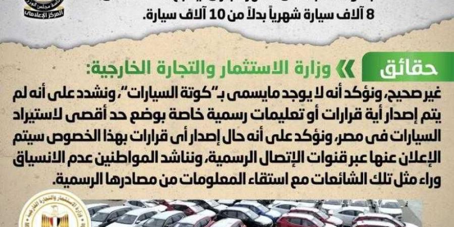 الحكومة تنفى إصدار قرار بخفض ”كوتة” استيراد السيارات في مصر بنحو 20% بدءاً من الشهر الجاري - نبض مصر